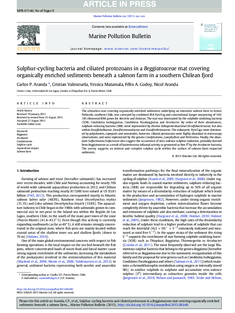 Sulphur-cycling bacteria and ciliated protozoans in a Beggiatoaceae mat covering organically enriched sediments beneath a salmon farm in a southern Chilean fjord