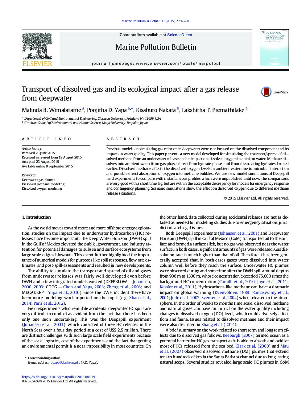 Transport of dissolved gas and its ecological impact after a gas release from deepwater