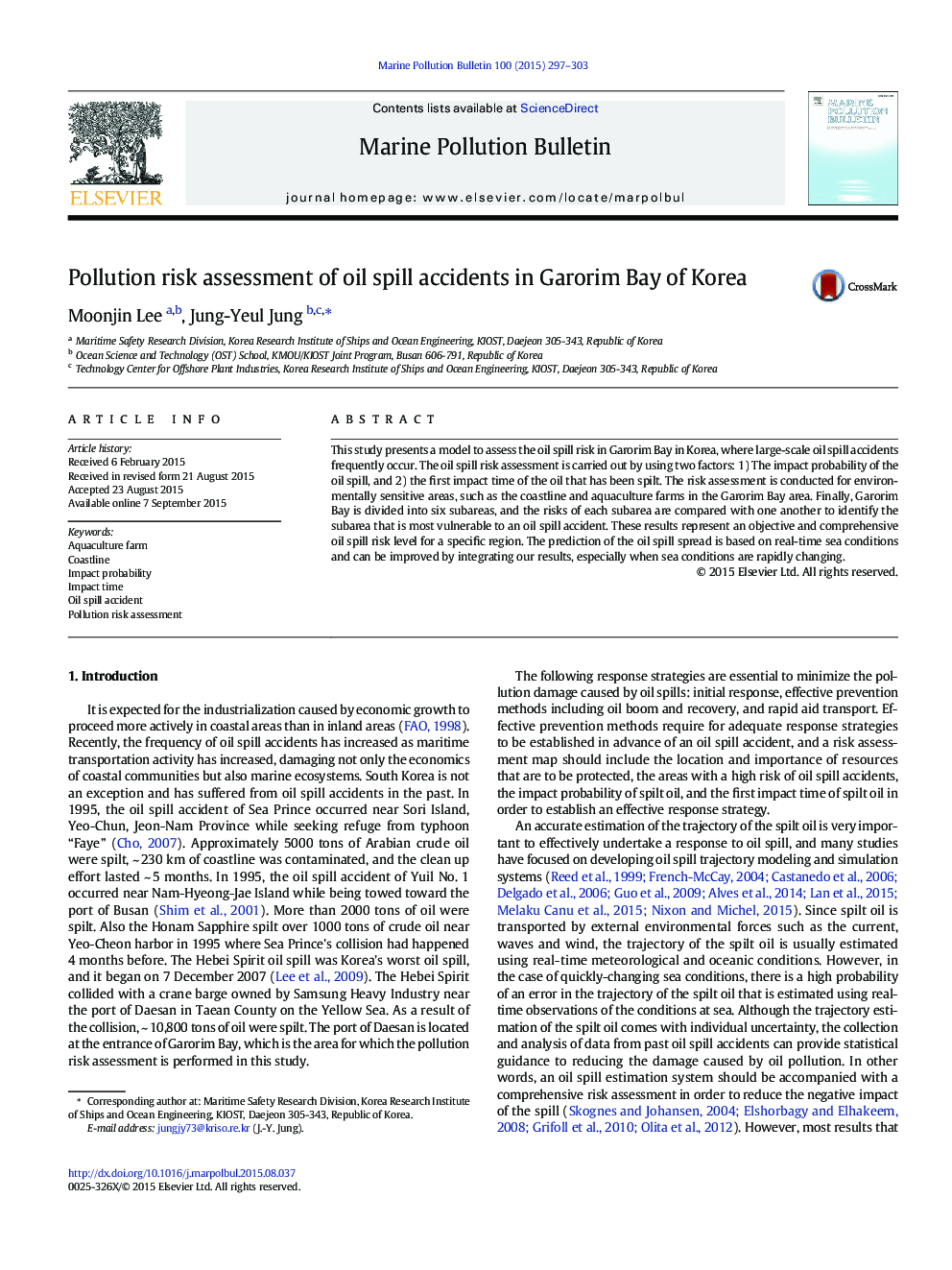 Pollution risk assessment of oil spill accidents in Garorim Bay of Korea