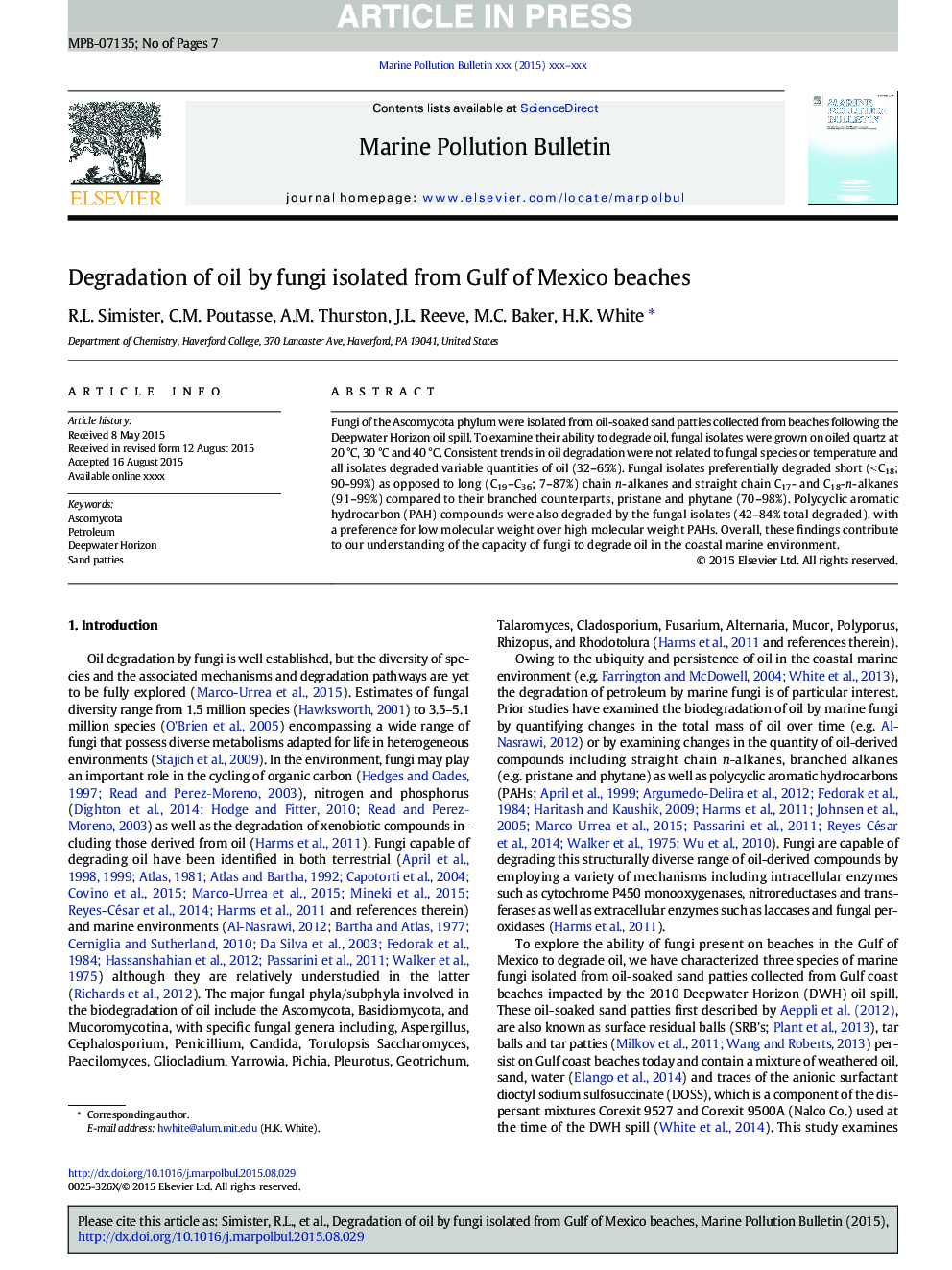 Degradation of oil by fungi isolated from Gulf of Mexico beaches