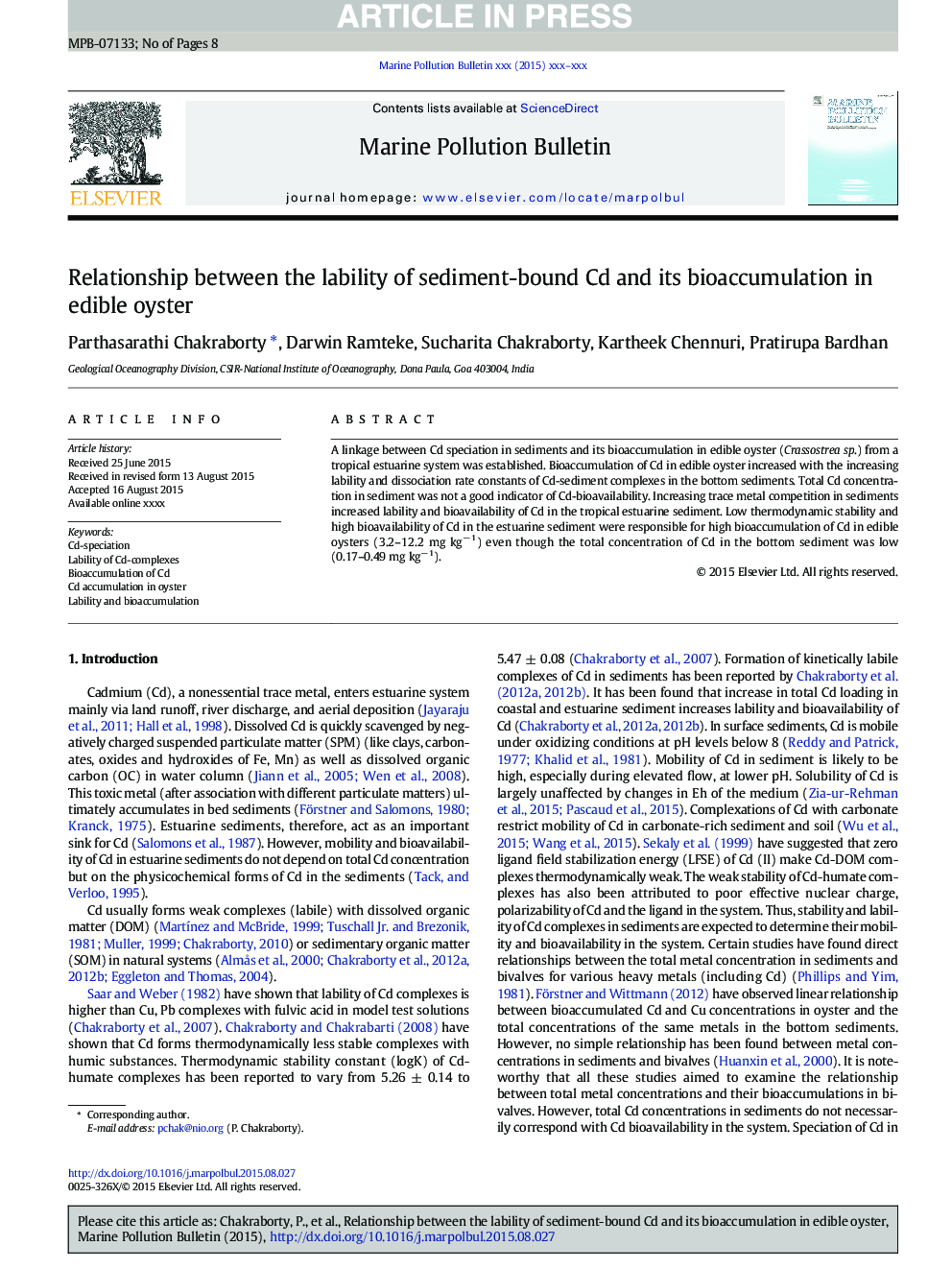 Relationship between the lability of sediment-bound Cd and its bioaccumulation in edible oyster