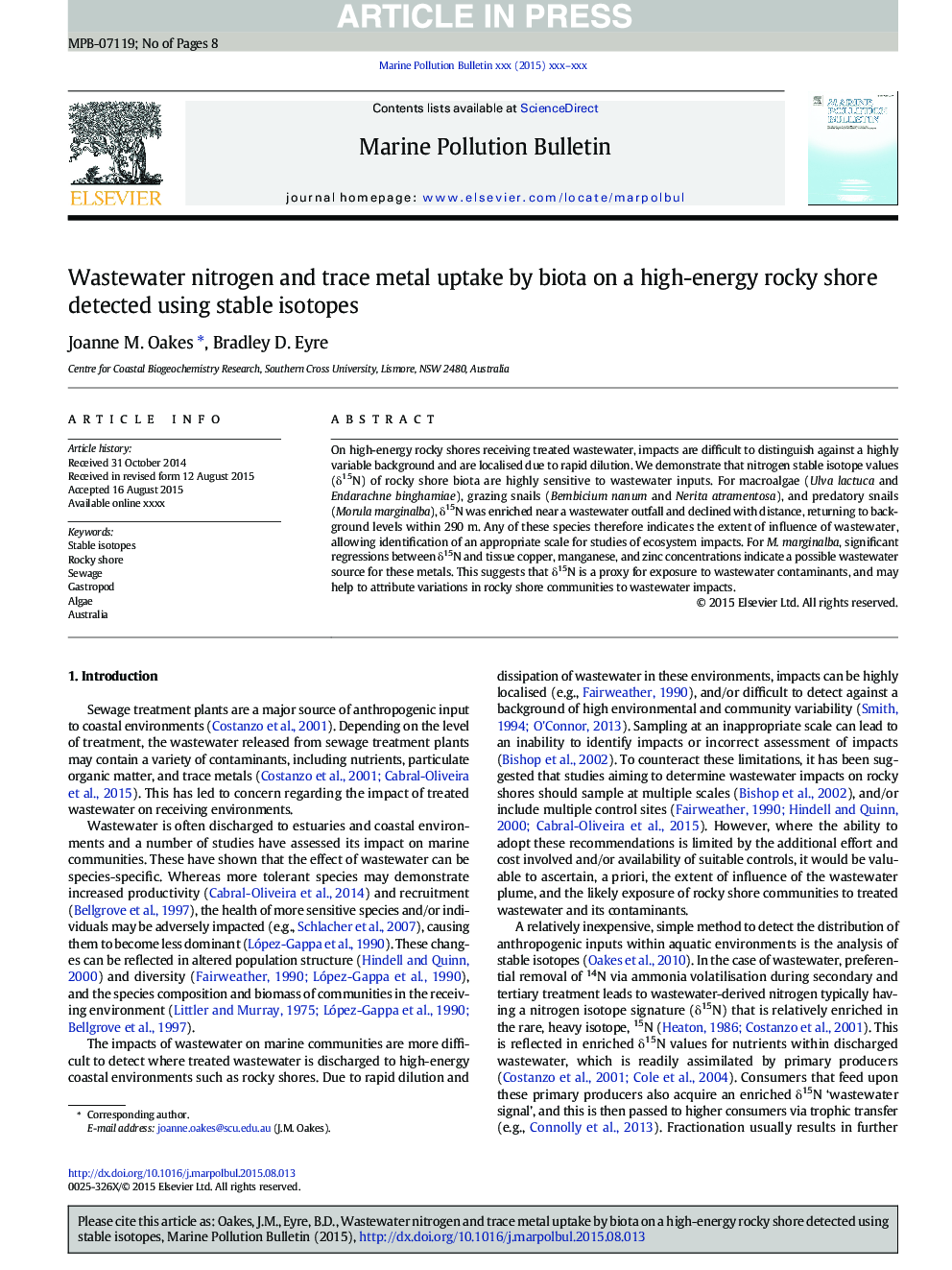 Wastewater nitrogen and trace metal uptake by biota on a high-energy rocky shore detected using stable isotopes