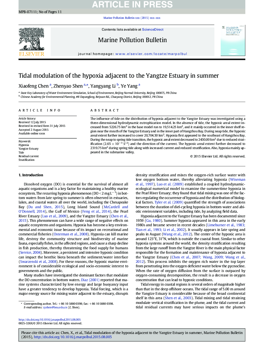 Tidal modulation of the hypoxia adjacent to the Yangtze Estuary in summer