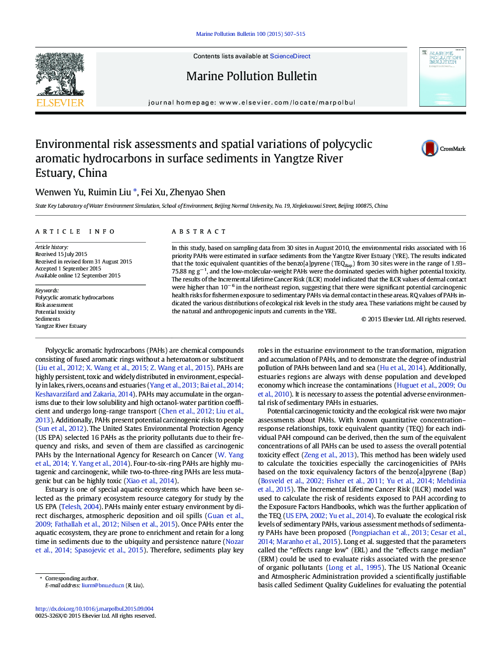 Environmental risk assessments and spatial variations of polycyclic aromatic hydrocarbons in surface sediments in Yangtze River Estuary, China