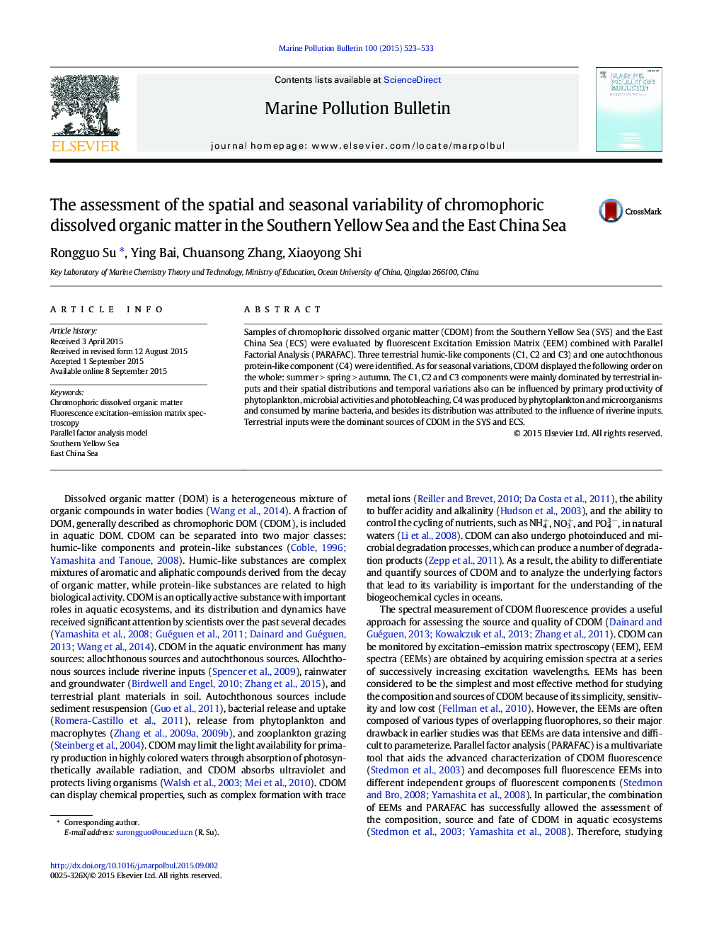 The assessment of the spatial and seasonal variability of chromophoric dissolved organic matter in the Southern Yellow Sea and the East China Sea