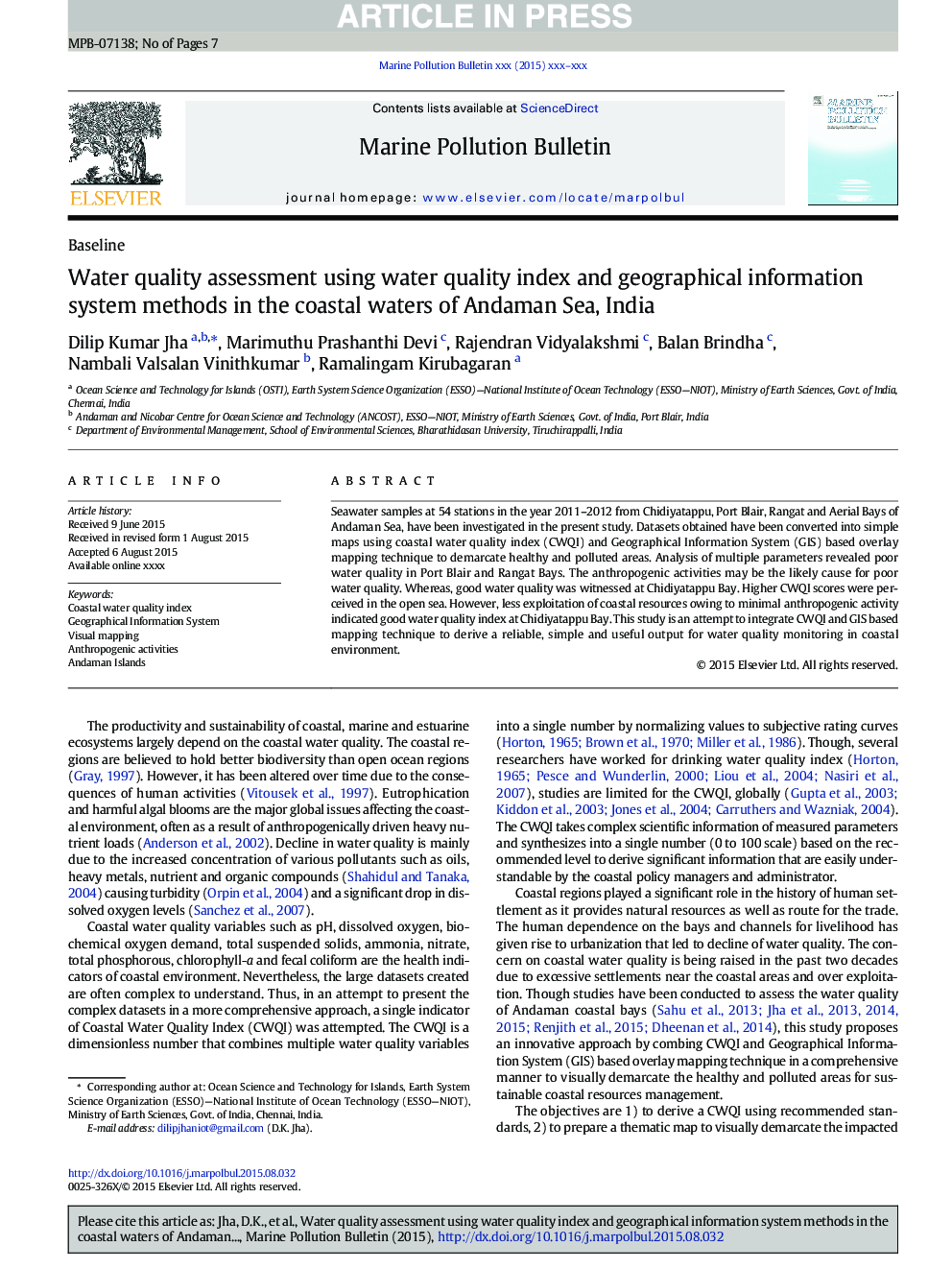 Water quality assessment using water quality index and geographical information system methods in the coastal waters of Andaman Sea, India