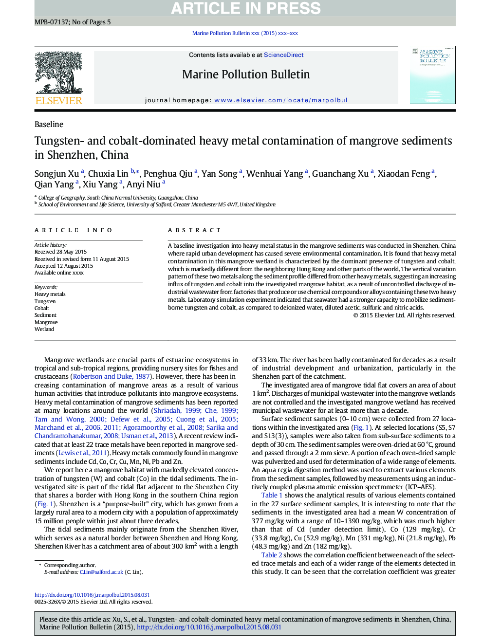 Tungsten- and cobalt-dominated heavy metal contamination of mangrove sediments in Shenzhen, China