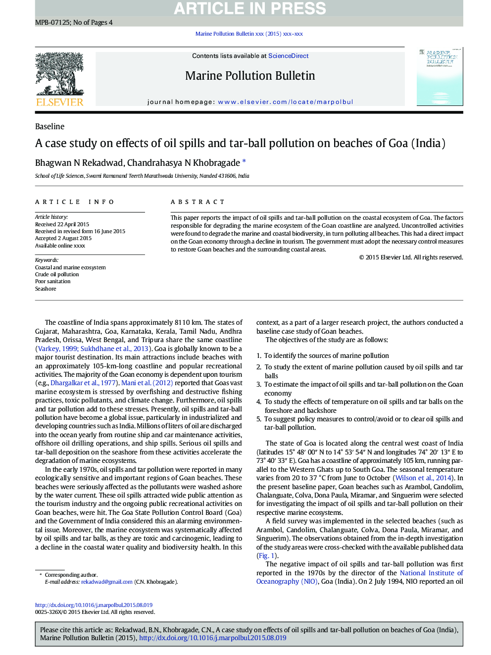 A case study on effects of oil spills and tar-ball pollution on beaches of Goa (India)