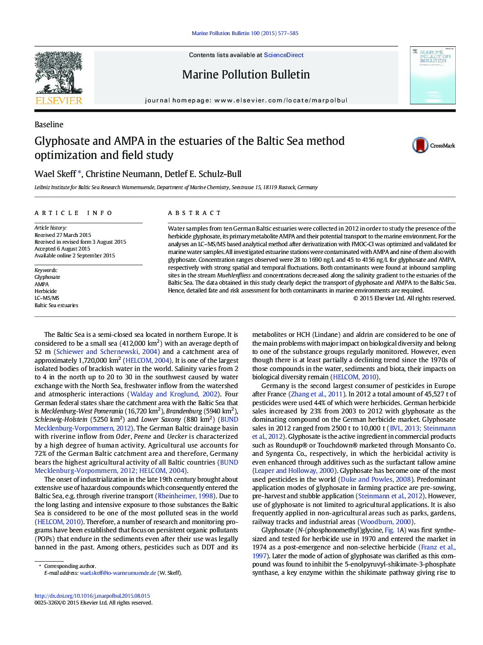 BaselineGlyphosate and AMPA in the estuaries of the Baltic Sea method optimization and field study