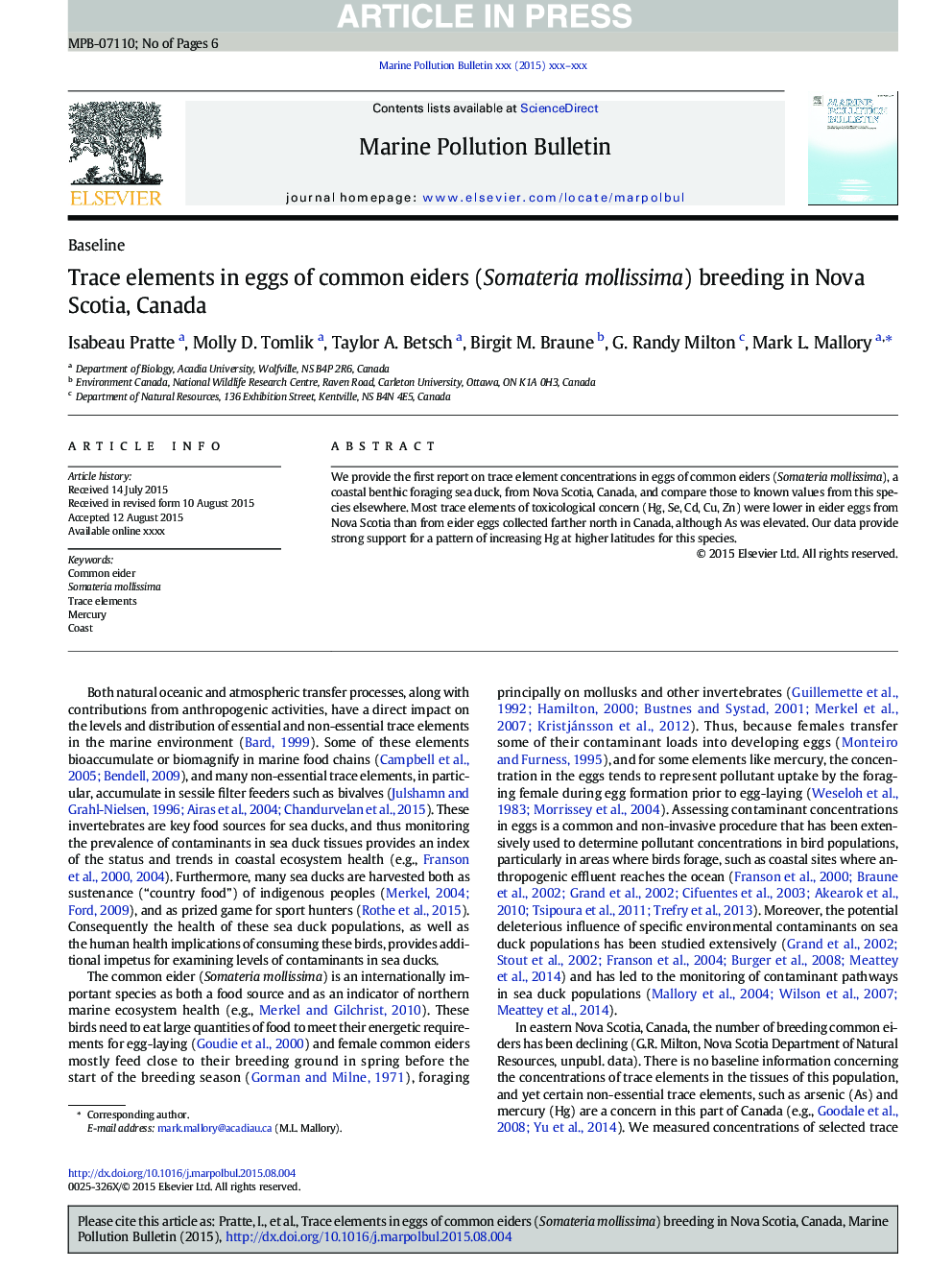 Trace elements in eggs of common eiders (Somateria mollissima) breeding in Nova Scotia, Canada