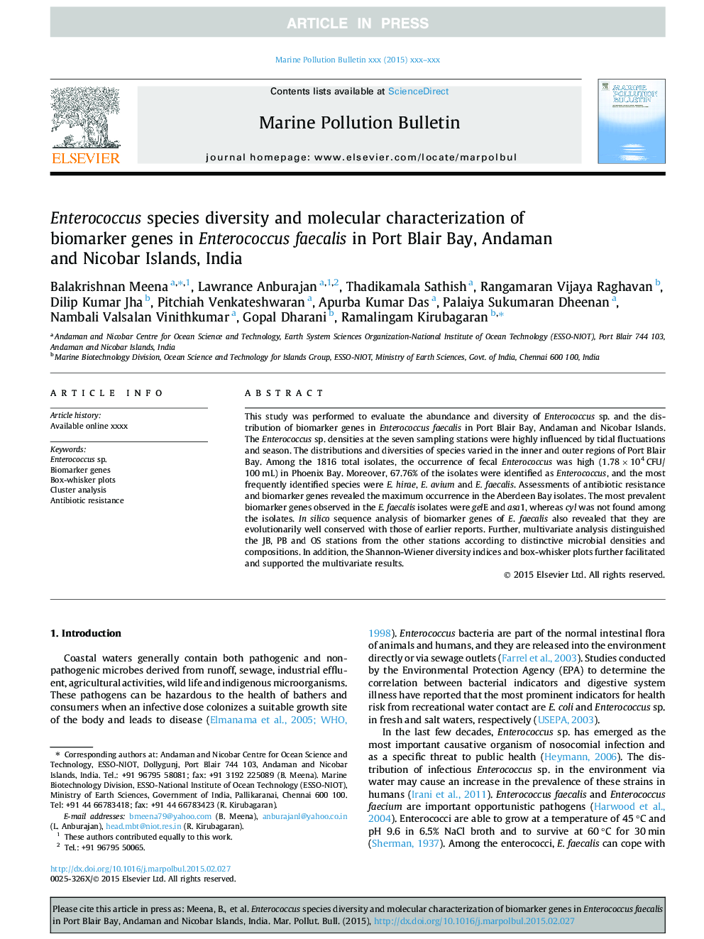 Enterococcus species diversity and molecular characterization of biomarker genes in Enterococcus faecalis in Port Blair Bay, Andaman and Nicobar Islands, India