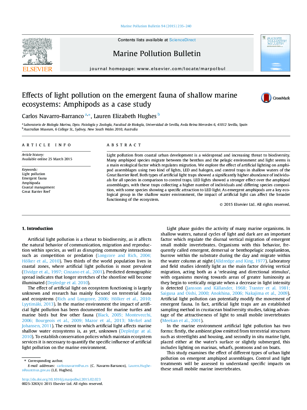 Effects of light pollution on the emergent fauna of shallow marine ecosystems: Amphipods as a case study