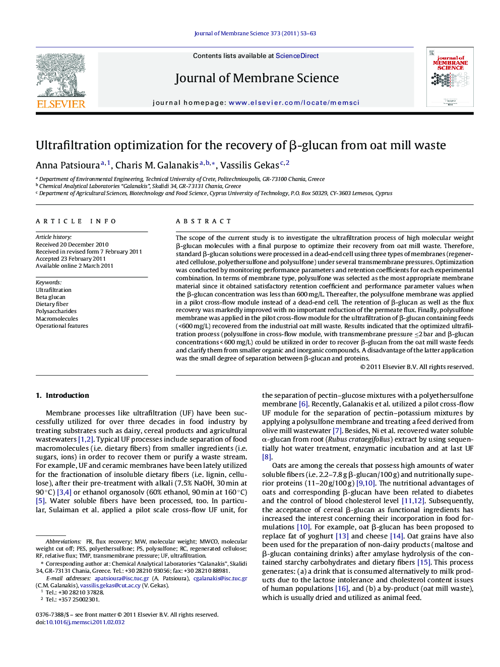 Ultrafiltration optimization for the recovery of β-glucan from oat mill waste