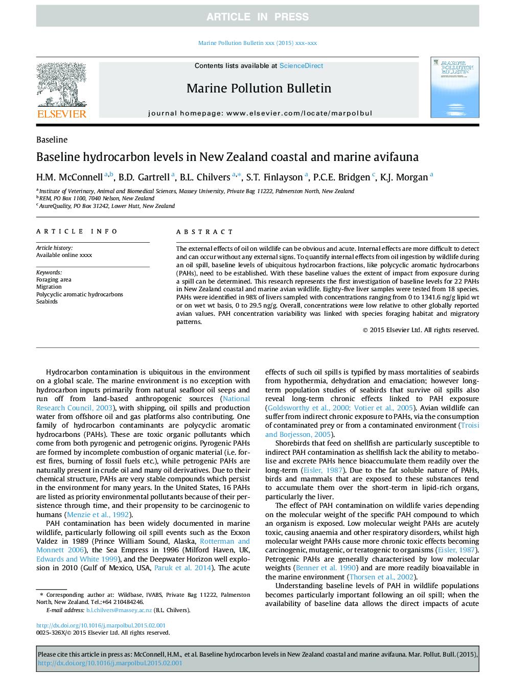 Baseline hydrocarbon levels in New Zealand coastal and marine avifauna