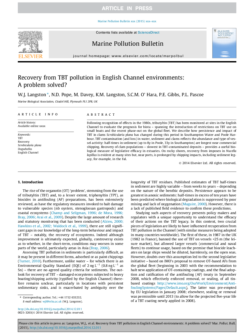 Recovery from TBT pollution in English Channel environments: A problem solved?