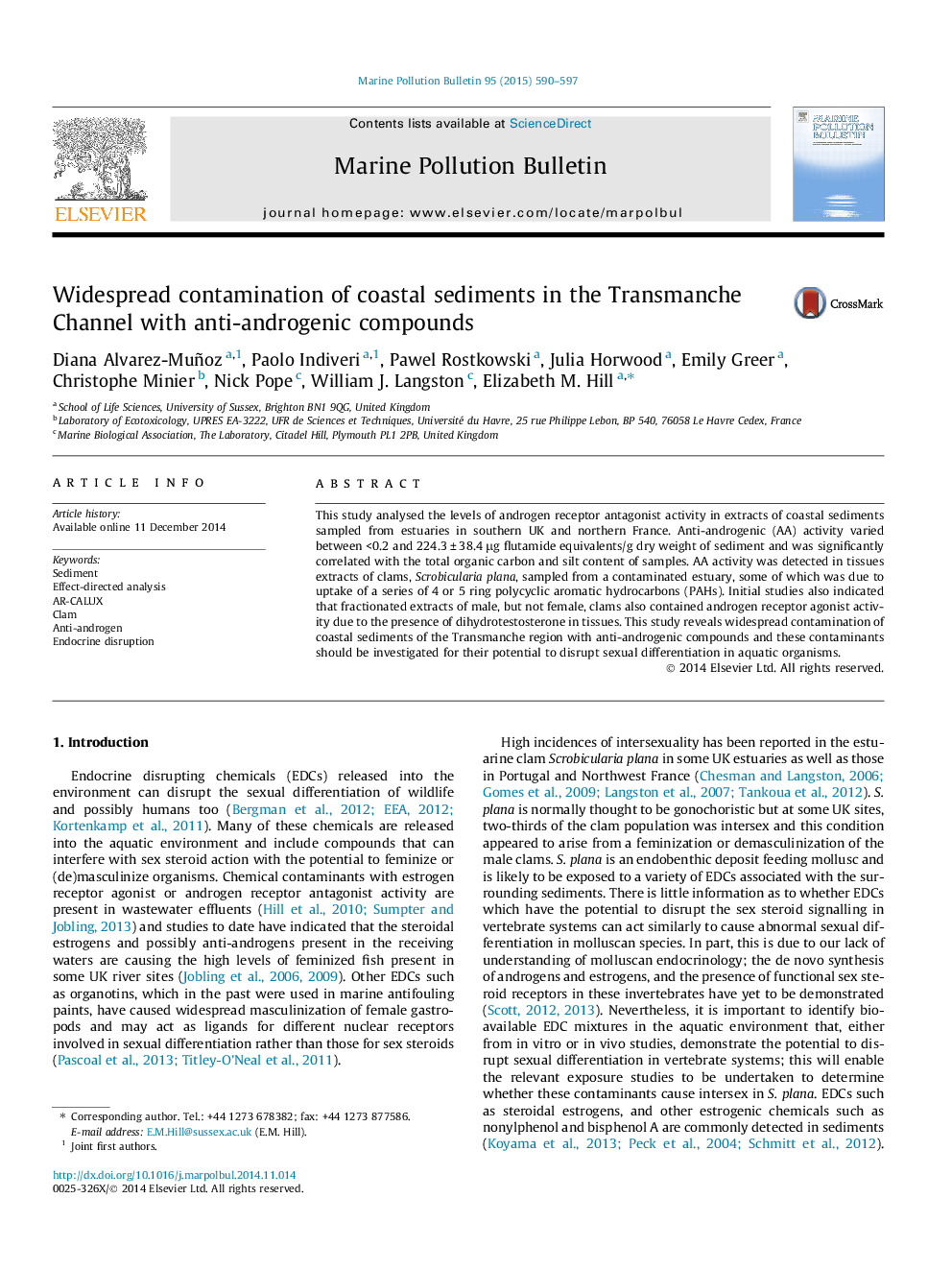 Widespread contamination of coastal sediments in the Transmanche Channel with anti-androgenic compounds