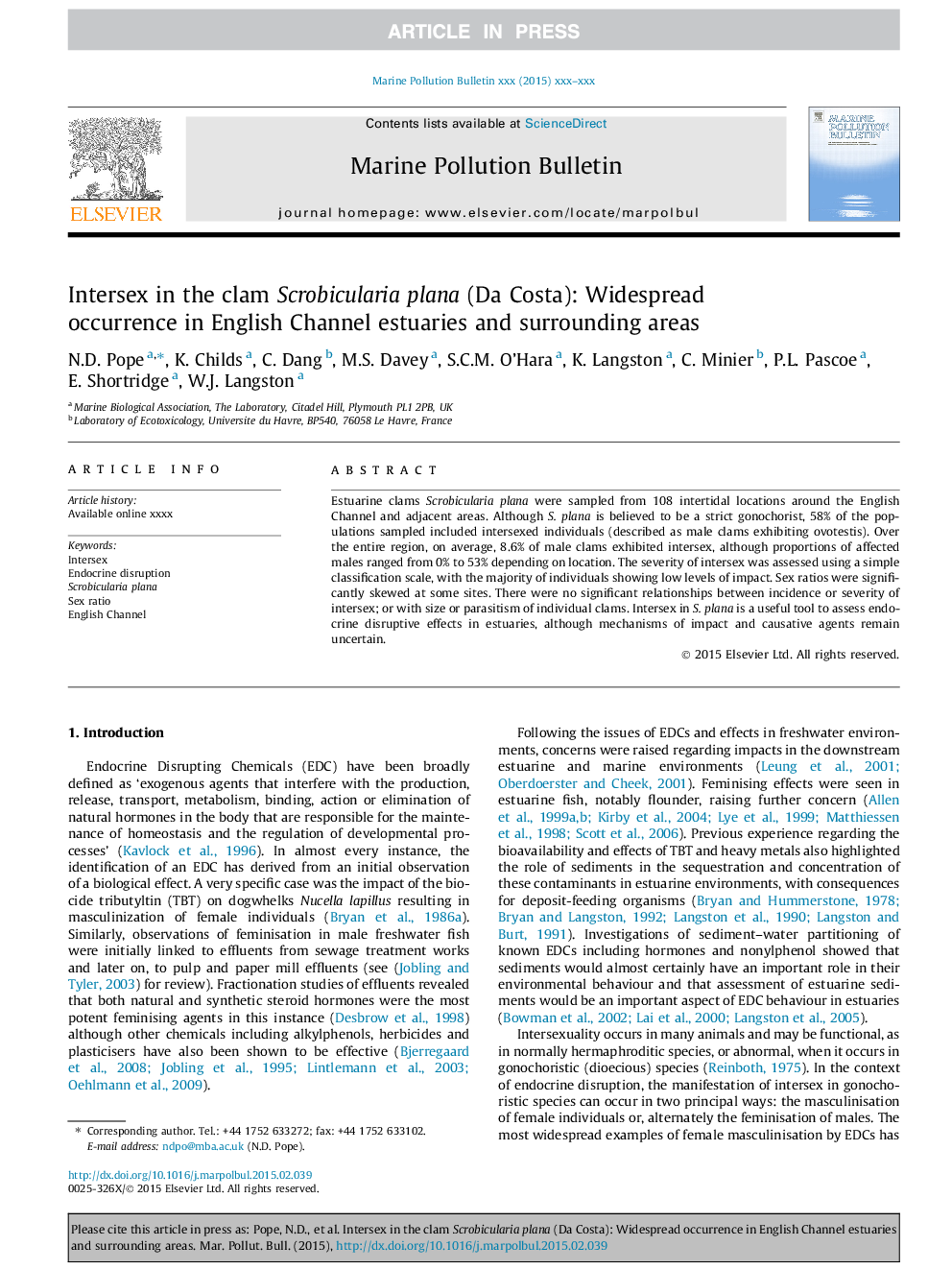 Intersex in the clam Scrobicularia plana (Da Costa): Widespread occurrence in English Channel estuaries and surrounding areas