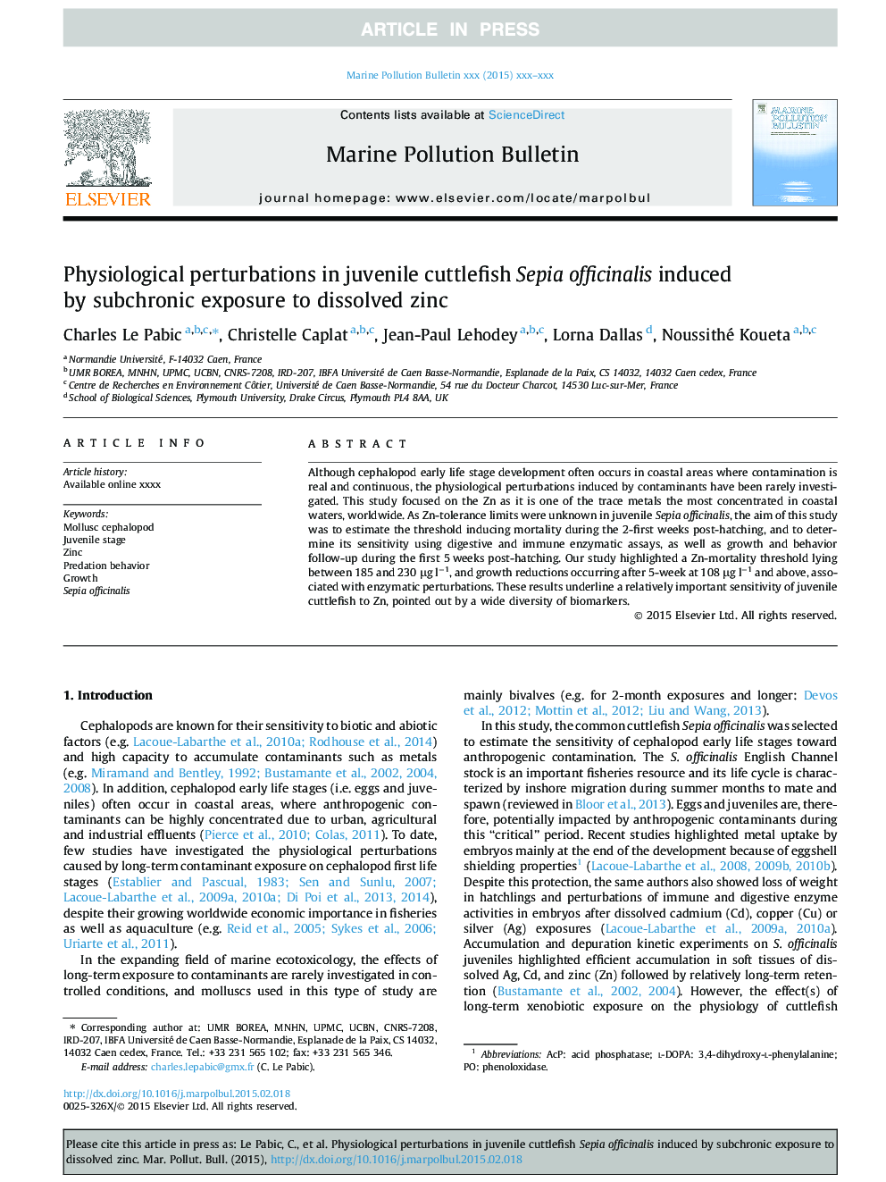 Physiological perturbations in juvenile cuttlefish Sepia officinalis induced by subchronic exposure to dissolved zinc