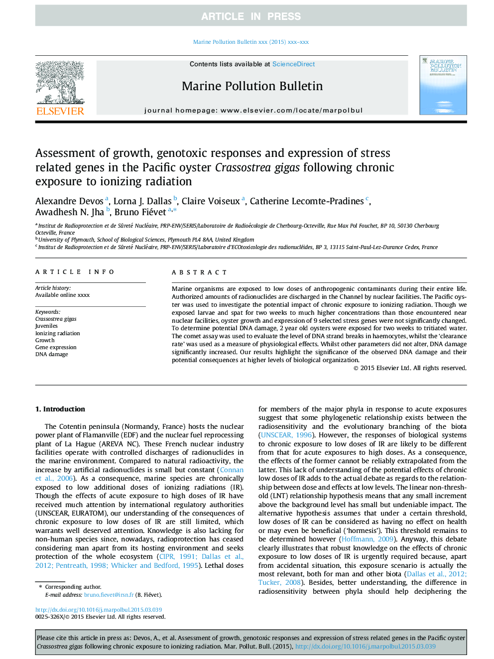 Assessment of growth, genotoxic responses and expression of stress related genes in the Pacific oyster Crassostrea gigas following chronic exposure to ionizing radiation