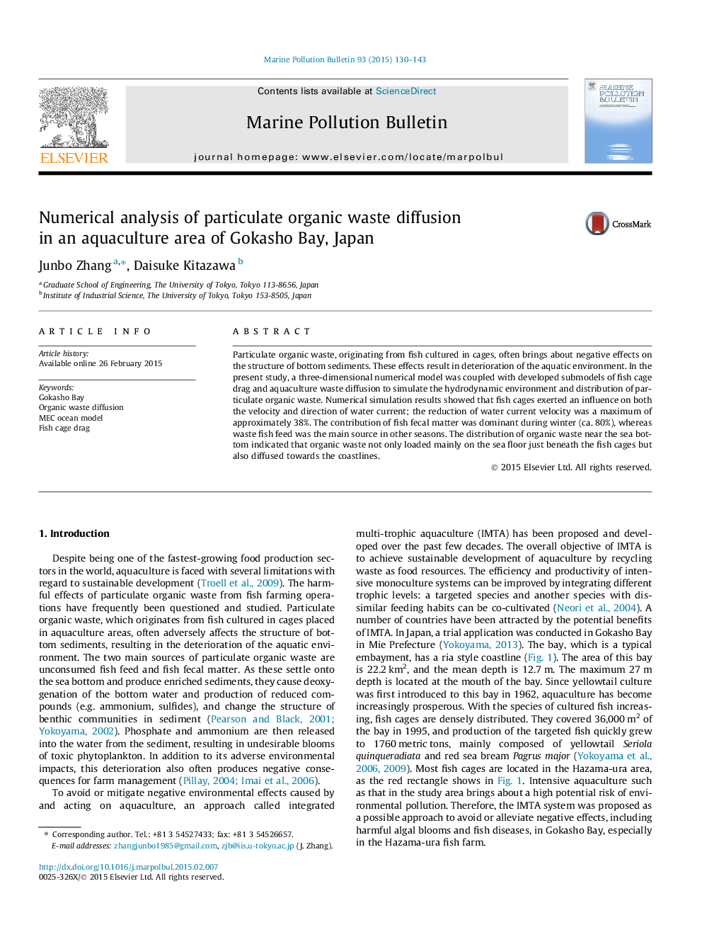 Numerical analysis of particulate organic waste diffusion in an aquaculture area of Gokasho Bay, Japan
