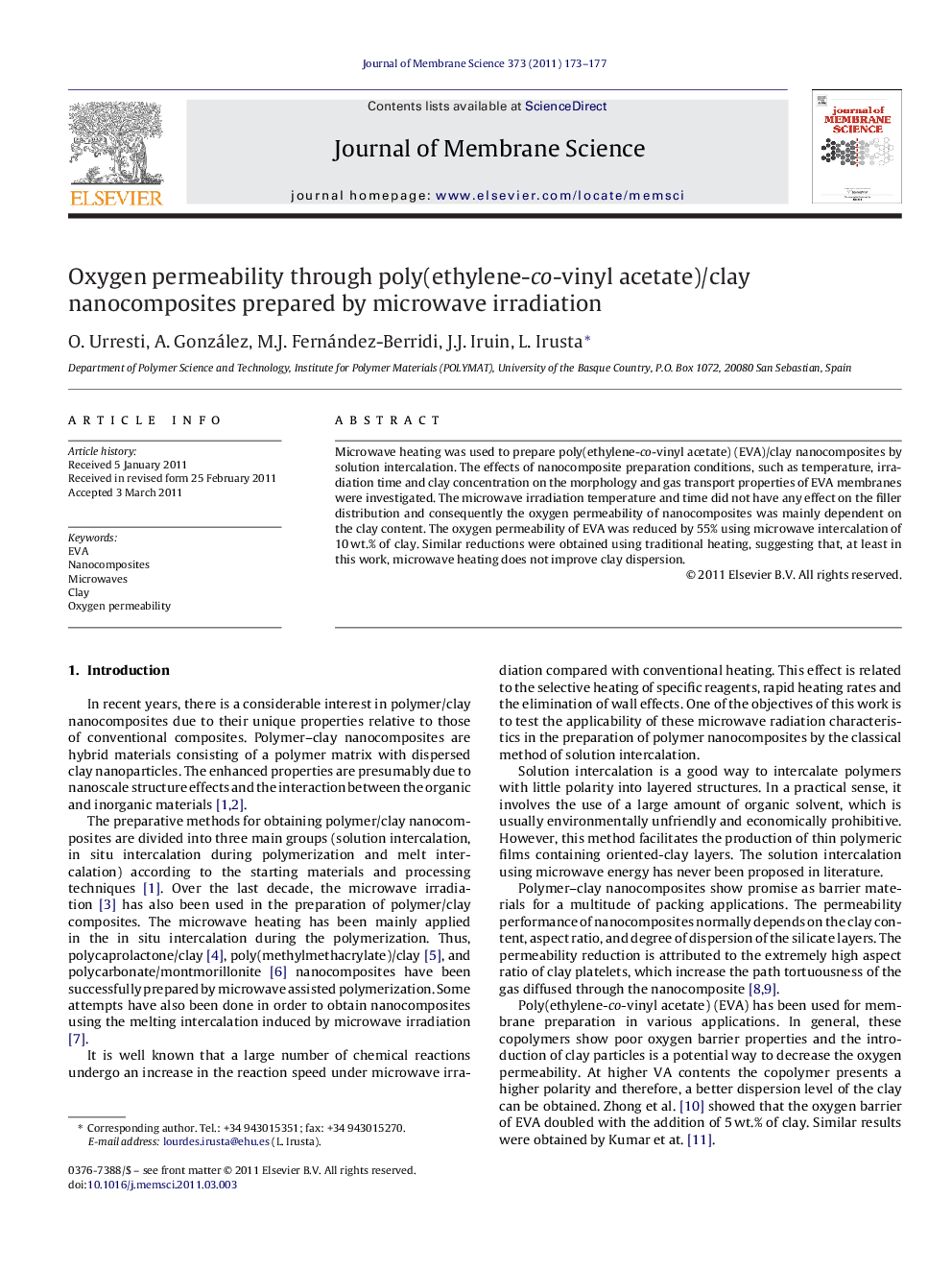 Oxygen permeability through poly(ethylene-co-vinyl acetate)/clay nanocomposites prepared by microwave irradiation