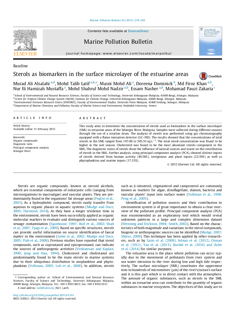 Sterols as biomarkers in the surface microlayer of the estuarine areas