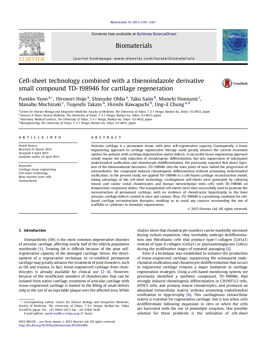 Cell-sheet technology combined with a thienoindazole derivative small compound TD-198946 for cartilage regeneration