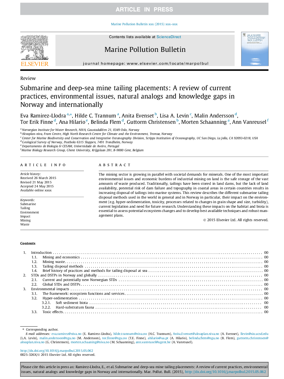 Submarine and deep-sea mine tailing placements: A review of current practices, environmental issues, natural analogs and knowledge gaps in Norway and internationally