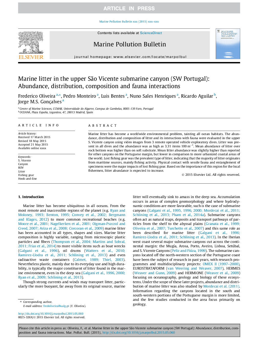 Marine litter in the upper SÃ£o Vicente submarine canyon (SW Portugal): Abundance, distribution, composition and fauna interactions