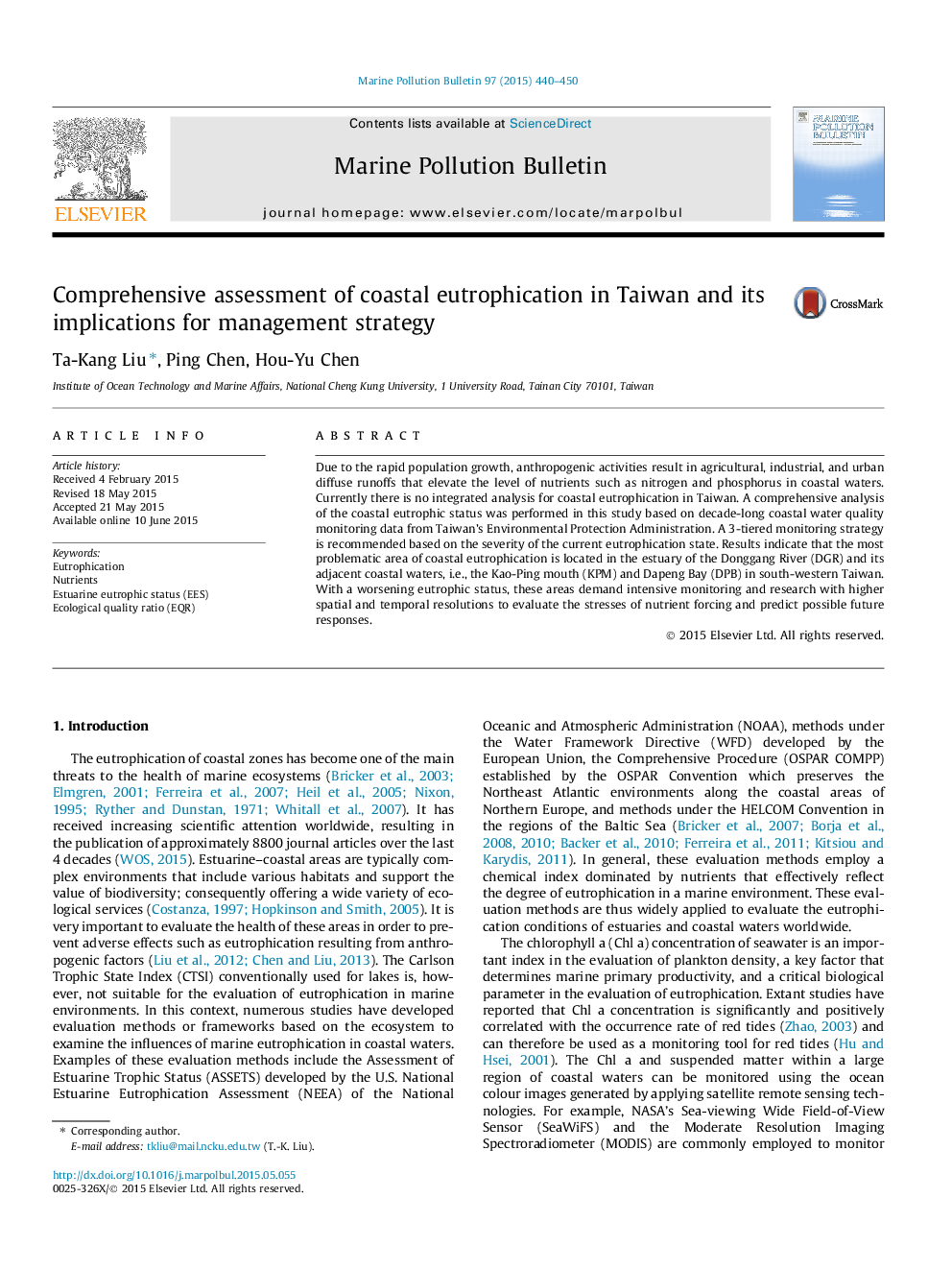 Comprehensive assessment of coastal eutrophication in Taiwan and its implications for management strategy