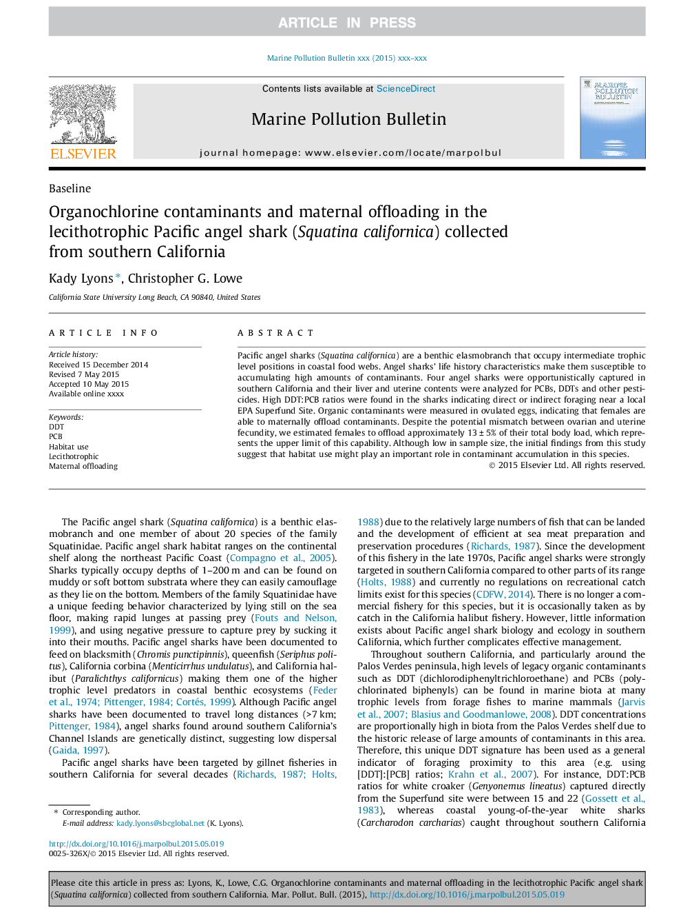 Organochlorine contaminants and maternal offloading in the lecithotrophic Pacific angel shark (Squatina californica) collected from southern California