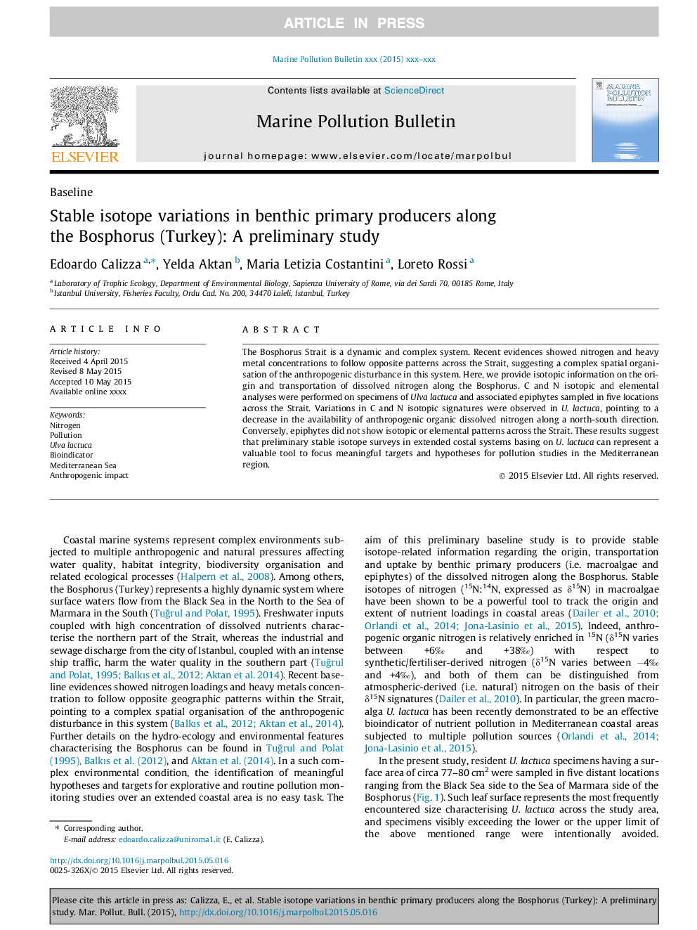 Stable isotope variations in benthic primary producers along the Bosphorus (Turkey): A preliminary study