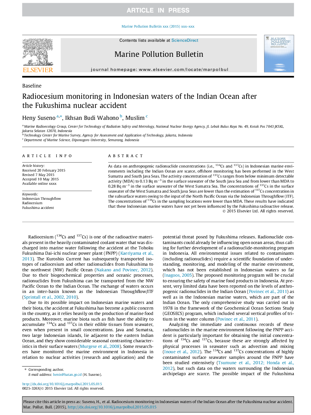 Radiocesium monitoring in Indonesian waters of the Indian Ocean after the Fukushima nuclear accident