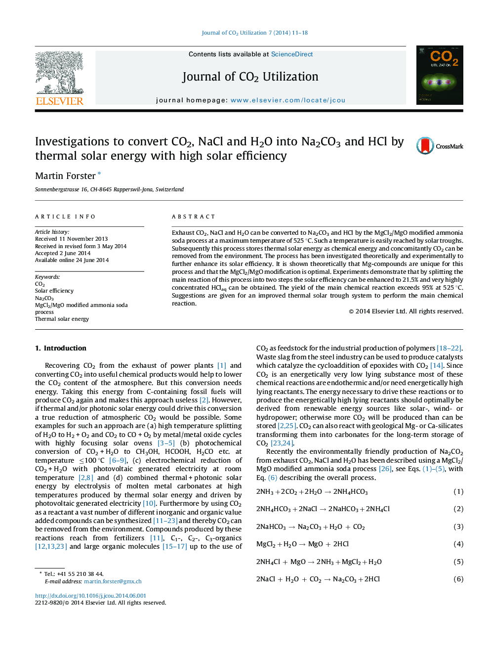 Investigations to convert CO2, NaCl and H2O into Na2CO3 and HCl by thermal solar energy with high solar efficiency