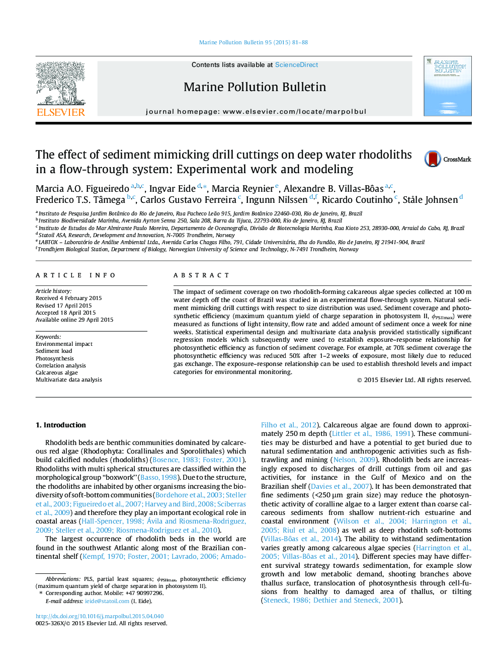 The effect of sediment mimicking drill cuttings on deep water rhodoliths in a flow-through system: Experimental work and modeling