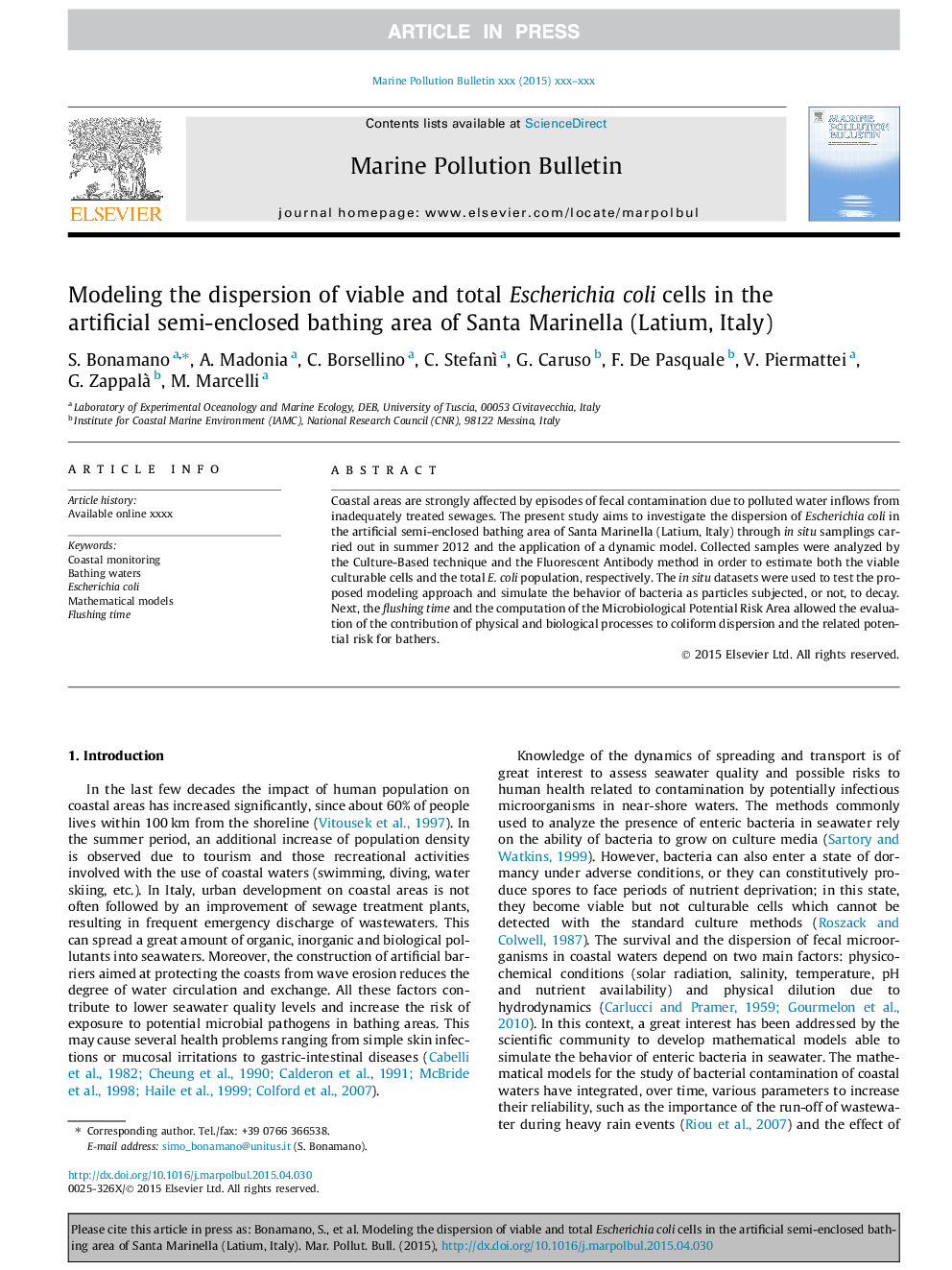 عکس صفحه اول مقاله: Modeling the dispersion of viable and total Escherichia coli cells in the artificial semi-enclosed bathing area of Santa Marinella (Latium, Italy) Modeling the dispersion of viable and total Escherichia coli cells in the artificial semi-enclosed bathing area of Santa Marinella (Latium, Italy)