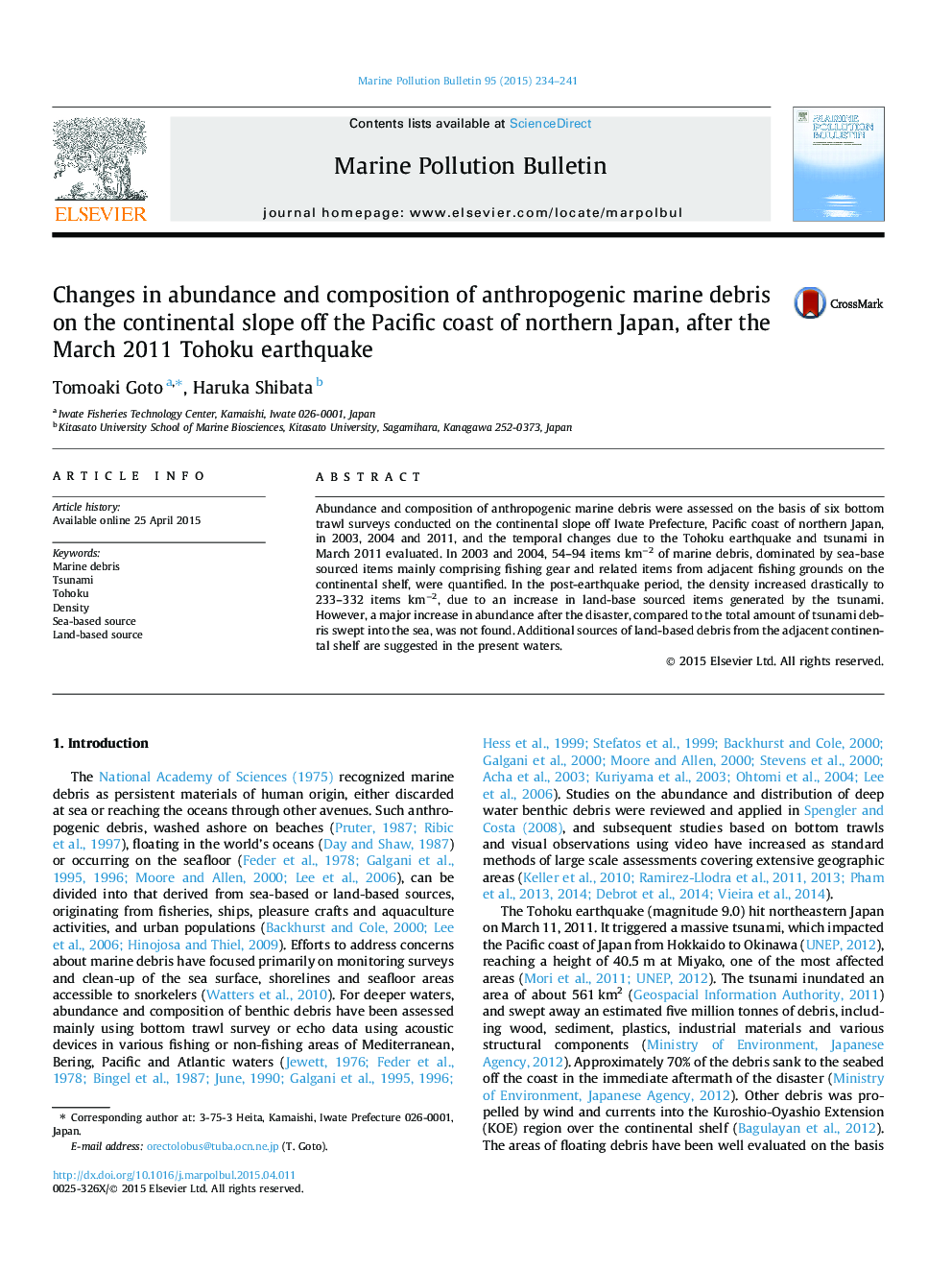 Changes in abundance and composition of anthropogenic marine debris on the continental slope off the Pacific coast of northern Japan, after the March 2011 Tohoku earthquake