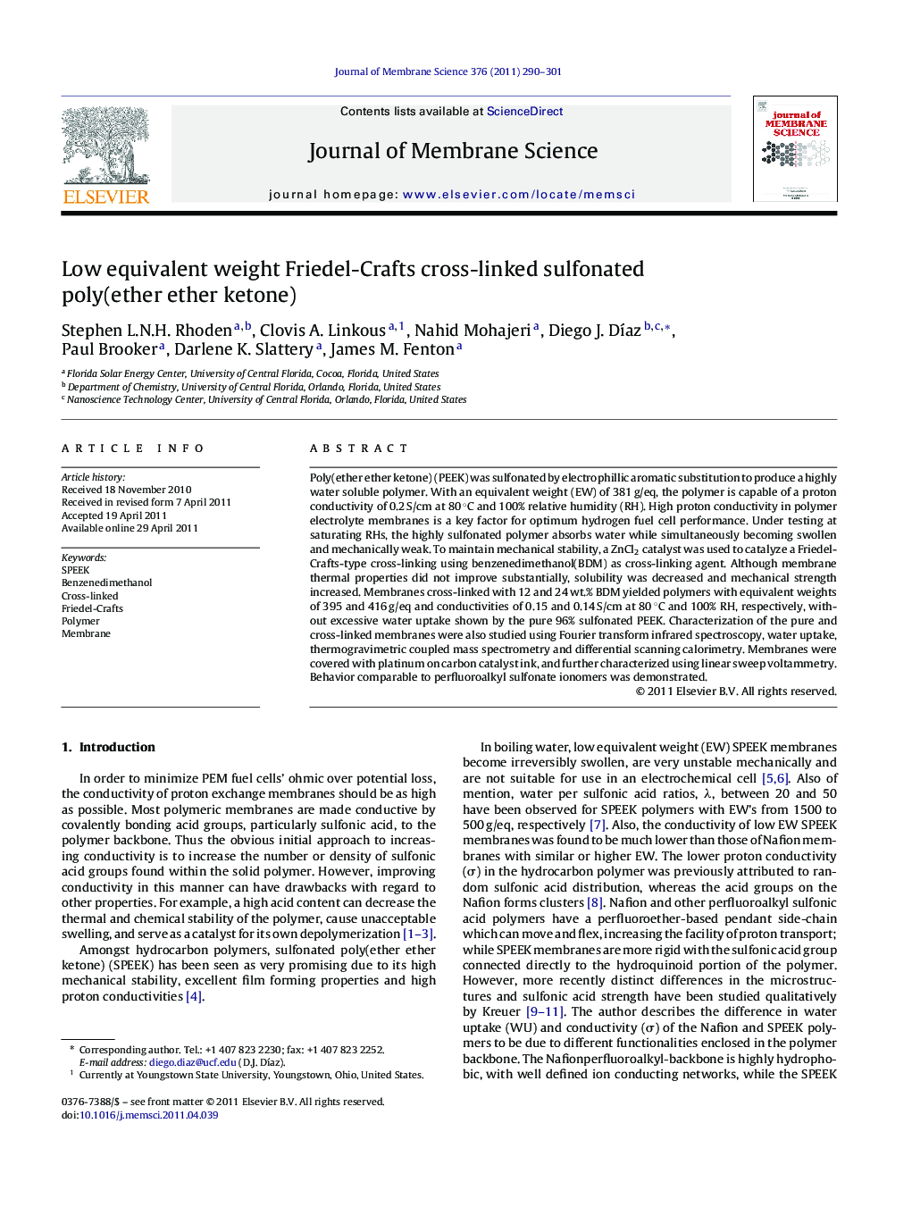 Low equivalent weight Friedel-Crafts cross-linked sulfonated poly(ether ether ketone)