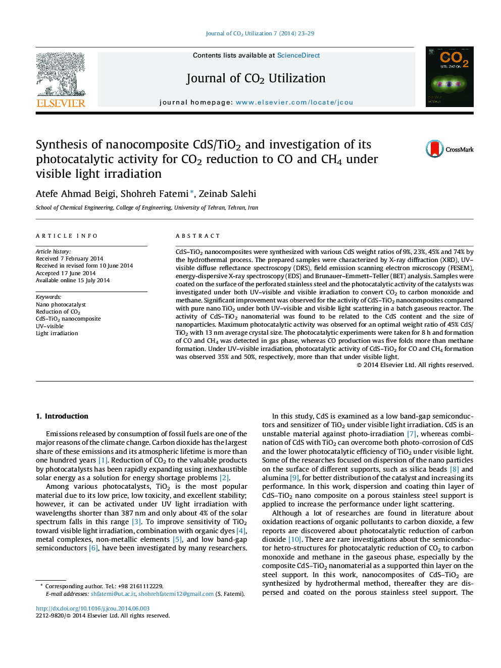 Synthesis of nanocomposite CdS/TiO2 and investigation of its photocatalytic activity for CO2 reduction to CO and CH4 under visible light irradiation