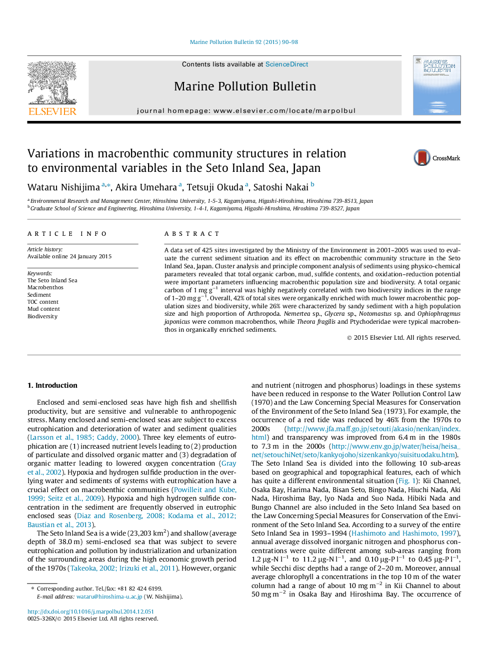 Variations in macrobenthic community structures in relation to environmental variables in the Seto Inland Sea, Japan