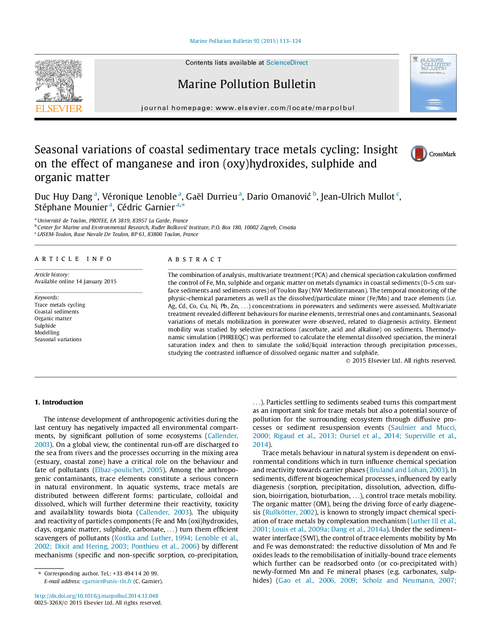 Seasonal variations of coastal sedimentary trace metals cycling: Insight on the effect of manganese and iron (oxy)hydroxides, sulphide and organic matter