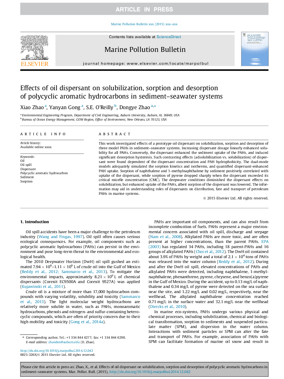 Effects of oil dispersant on solubilization, sorption and desorption of polycyclic aromatic hydrocarbons in sediment-seawater systems