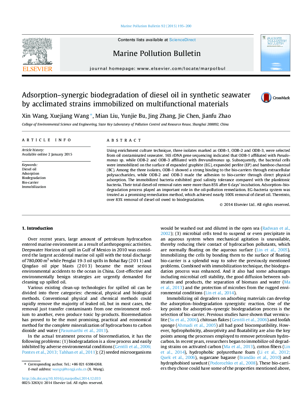 Adsorption-synergic biodegradation of diesel oil in synthetic seawater by acclimated strains immobilized on multifunctional materials