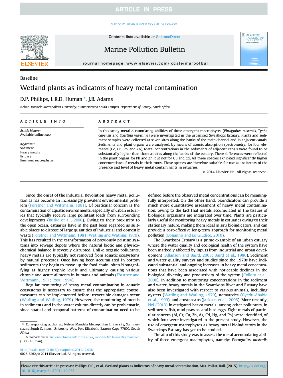 Wetland plants as indicators of heavy metal contamination