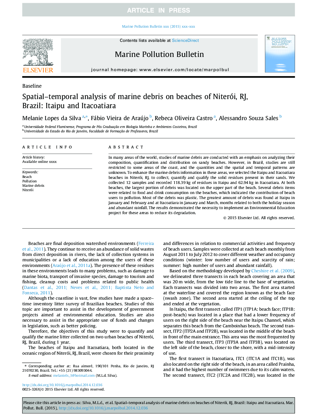 Spatial-temporal analysis of marine debris on beaches of Niterói, RJ, Brazil: Itaipu and Itacoatiara