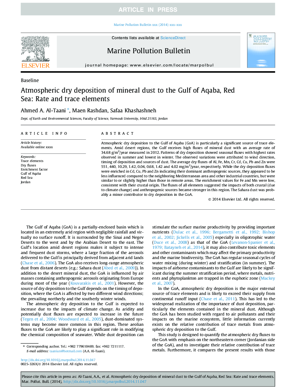 Atmospheric dry deposition of mineral dust to the Gulf of Aqaba, Red Sea: Rate and trace elements