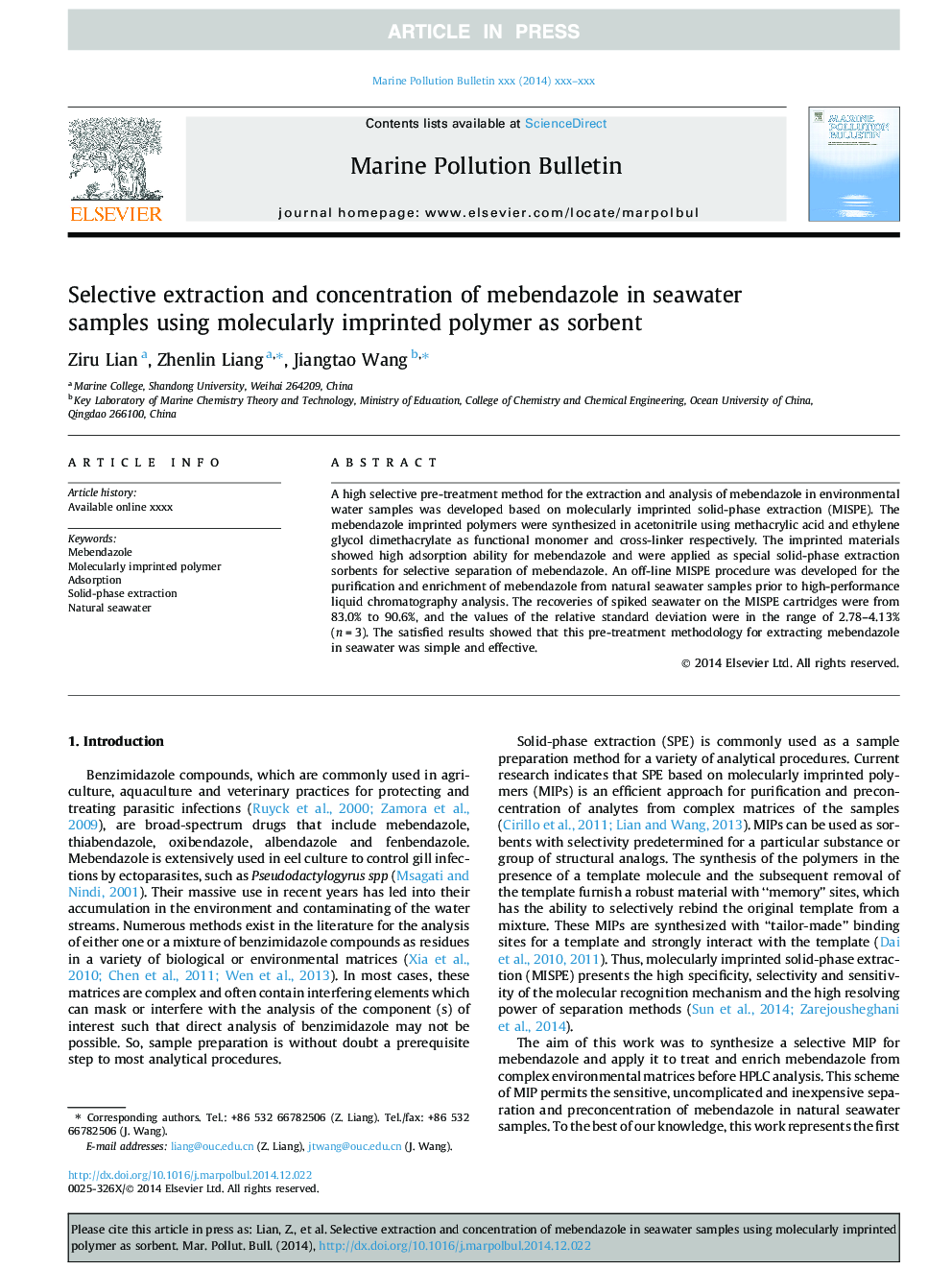 Selective extraction and concentration of mebendazole in seawater samples using molecularly imprinted polymer as sorbent