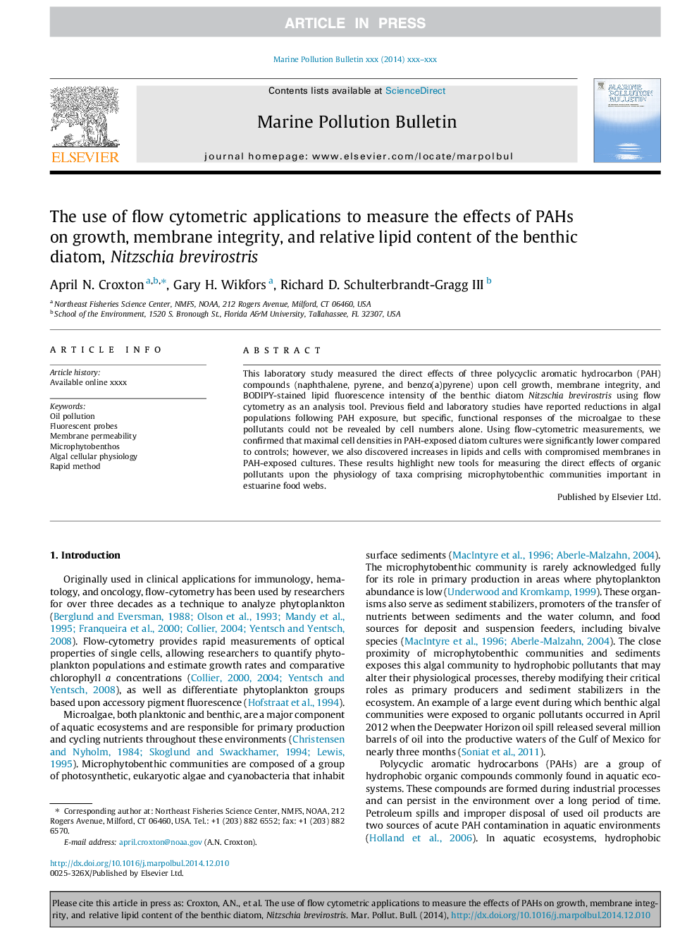 The use of flow cytometric applications to measure the effects of PAHs on growth, membrane integrity, and relative lipid content of the benthic diatom, Nitzschia brevirostris