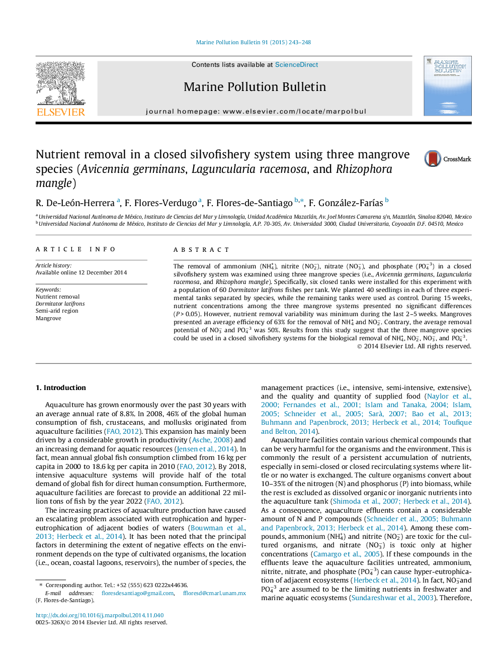 Nutrient removal in a closed silvofishery system using three mangrove species (Avicennia germinans, Laguncularia racemosa, and Rhizophora mangle)