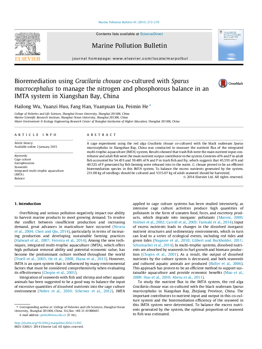 Bioremediation using Gracilaria chouae co-cultured with Sparus macrocephalus to manage the nitrogen and phosphorous balance in an IMTA system in Xiangshan Bay, China